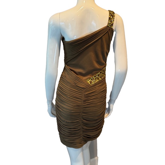 Terani Couture One-Shoulder Mini Dress 4 Nude Beaded Ruched Formal Gold Glam - Picture 2 of 7